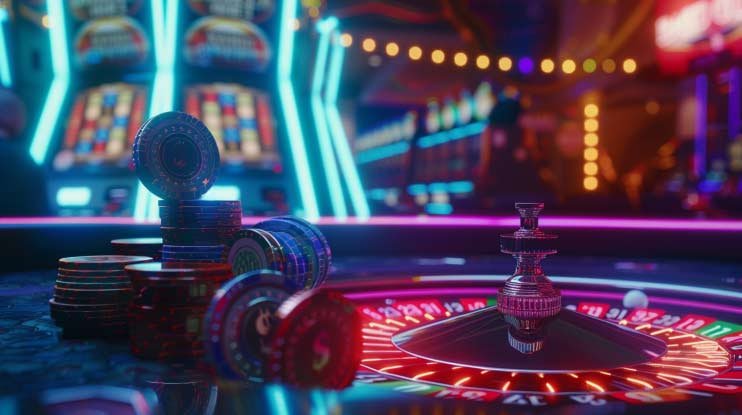 Gambar layar slot online dengan efek visual merah dan simbol kemenangan